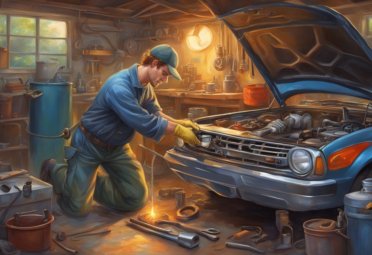 A mechanic drains oil from a car's oil pan. Tools and a new oil pan are laid out nearby, ready for a DIY replacement. Across the garage, a professional service technician works on a similar task with precision and expertise