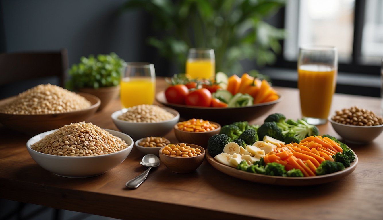 A table set with a balanced meal of lean protein, whole grains, and colorful vegetables, accompanied by a glass of water