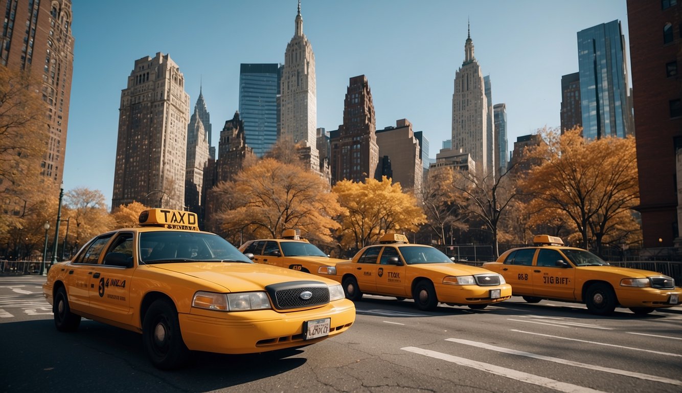 A basketball court in NYC with skyscrapers in the background and the iconic yellow taxi cabs passing by on the street