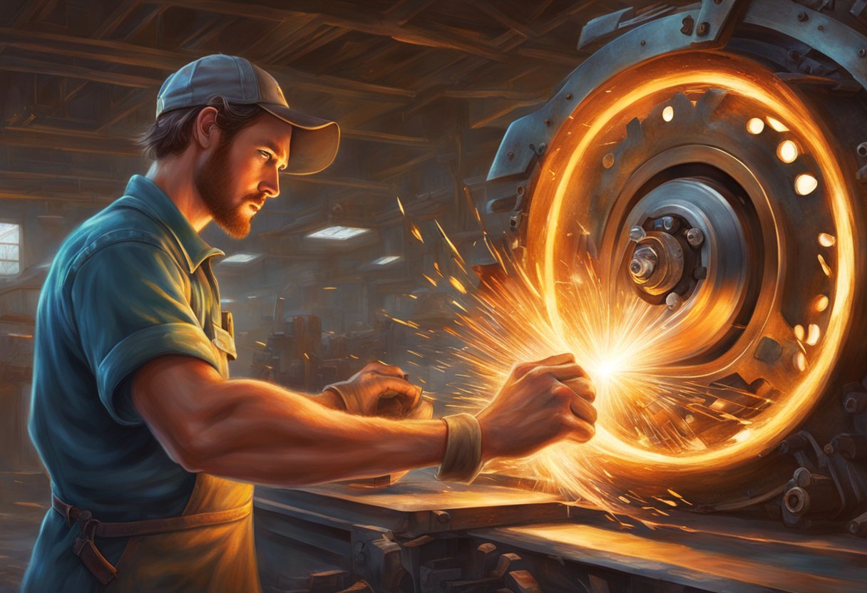 A mechanic resurfaces a brake rotor with a lathe machine, creating sparks as the tool cuts into the metal. The rotor spins rapidly, while the mechanic carefully adjusts the cutting depth