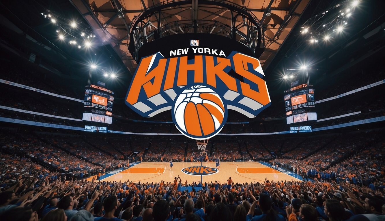 A packed basketball arena in New York City, with the New York Knicks logo prominently displayed and fans cheering in the stands