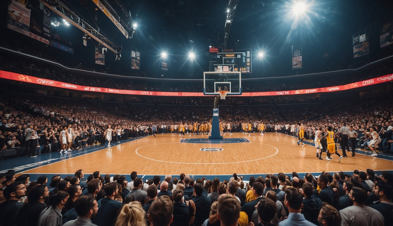 A basketball court in NYC with players competing, fans cheering, and news banners in the background