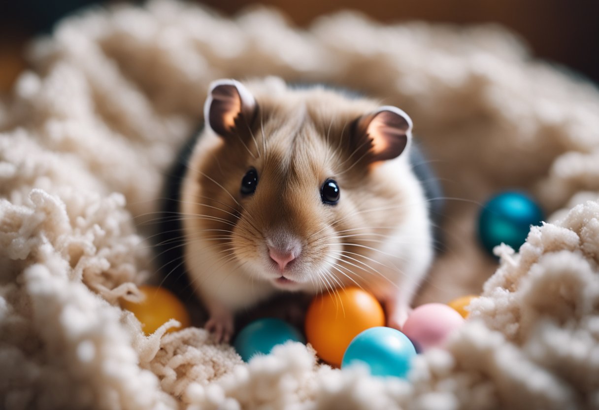 A hamster snuggles in a cozy nest, surrounded by soft bedding and toys. A gentle hand reaches in to offer a tasty treat
