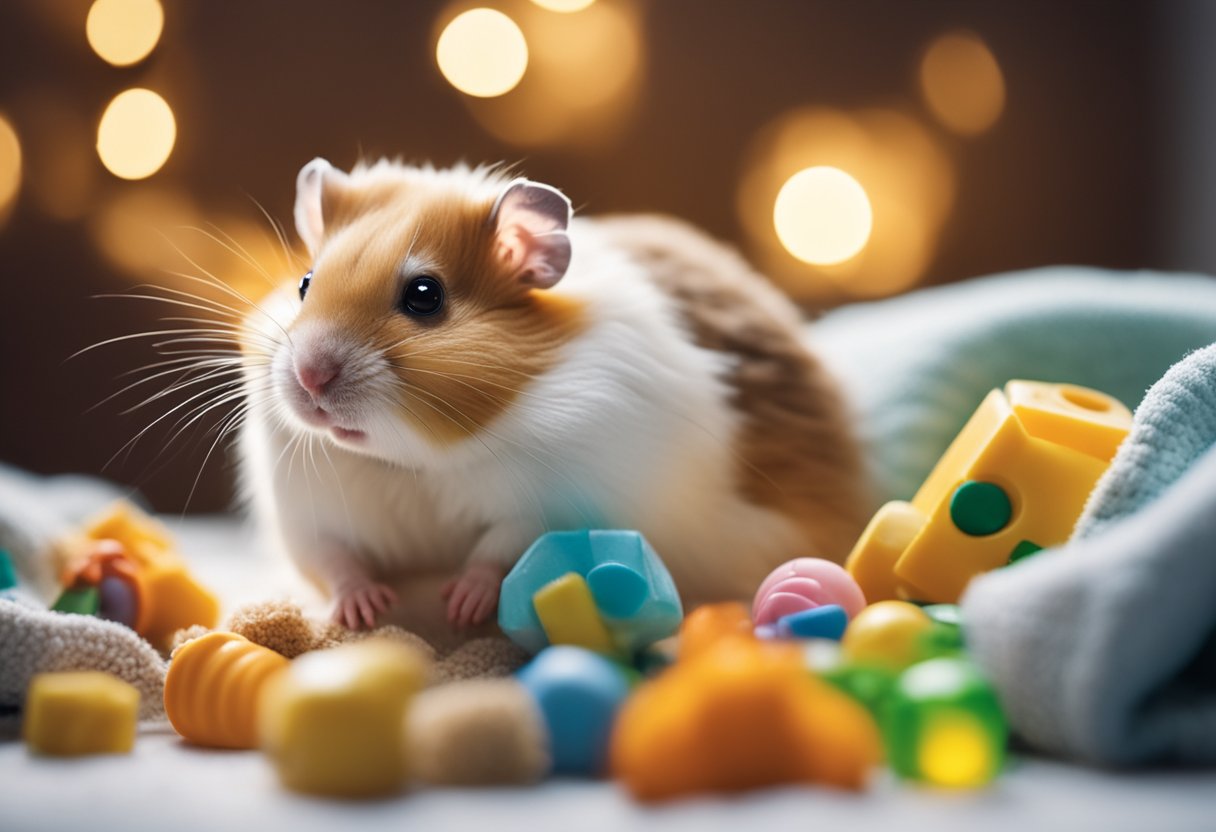 A hamster snuggles against a soft blanket, surrounded by toys and treats. Its cozy cage is filled with love and care
