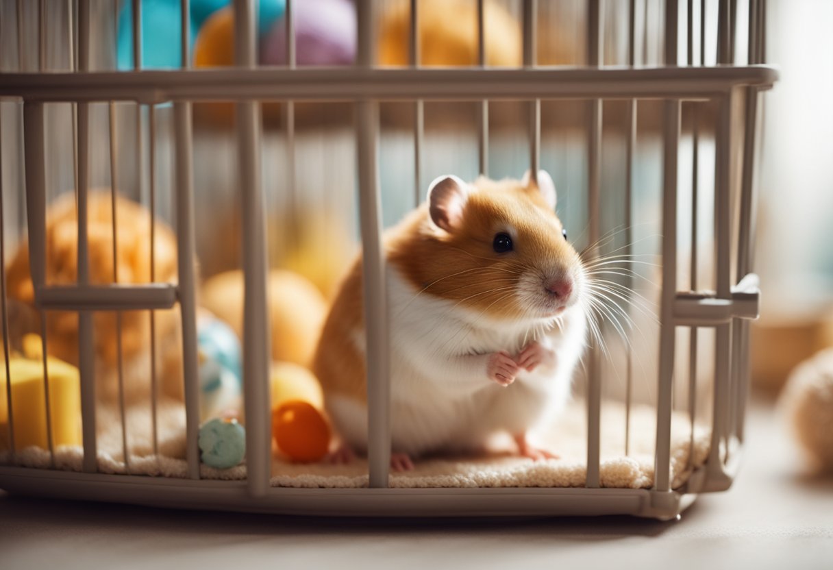 A hamster snuggles in a cozy cage, surrounded by soft bedding and toys. A gentle hand offers a treat, while a water bottle and food dish sit nearby