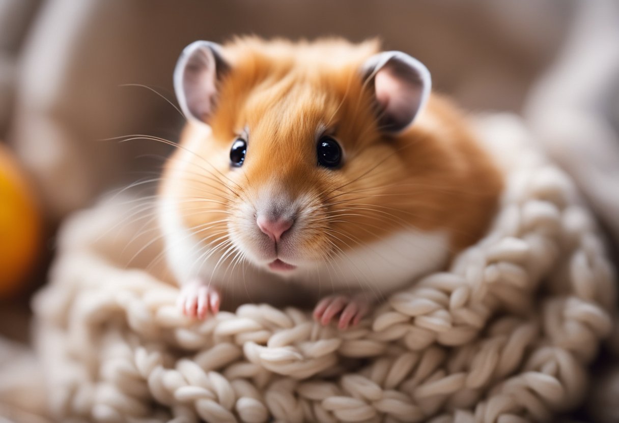 A hamster snuggles in a cozy nest, surrounded by soft bedding and chew toys. Its bright eyes and contented expression suggest a feeling of love and comfort