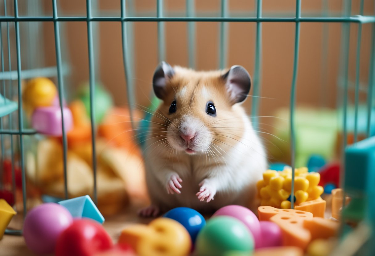 A hamster sits in a cozy cage, surrounded by colorful toys and bedding. A heart-shaped bowl of food and water sits nearby. A gentle hand reaches in to stroke its soft fur