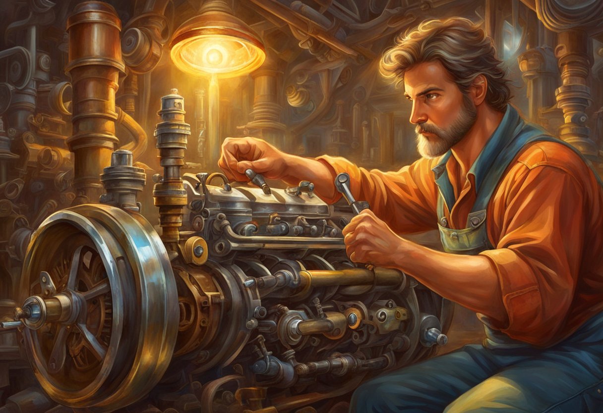 The mechanic inspects the engine, focusing on the crankshaft area. Oil leaks indicate a faulty seal. Tools and replacement parts are ready for repair