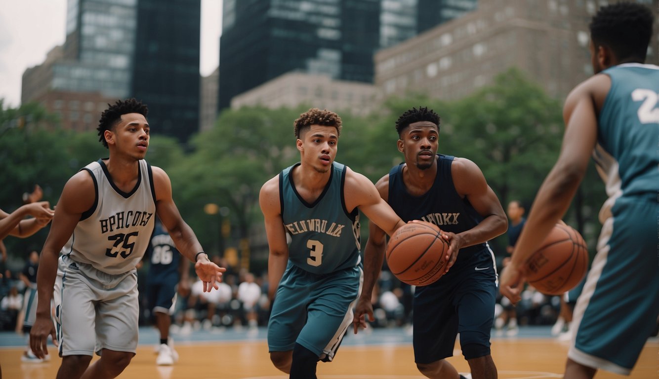 A group of young basketball players dribble and shoot on a crowded outdoor court in New York City, surrounded by skyscrapers and the sounds of the city