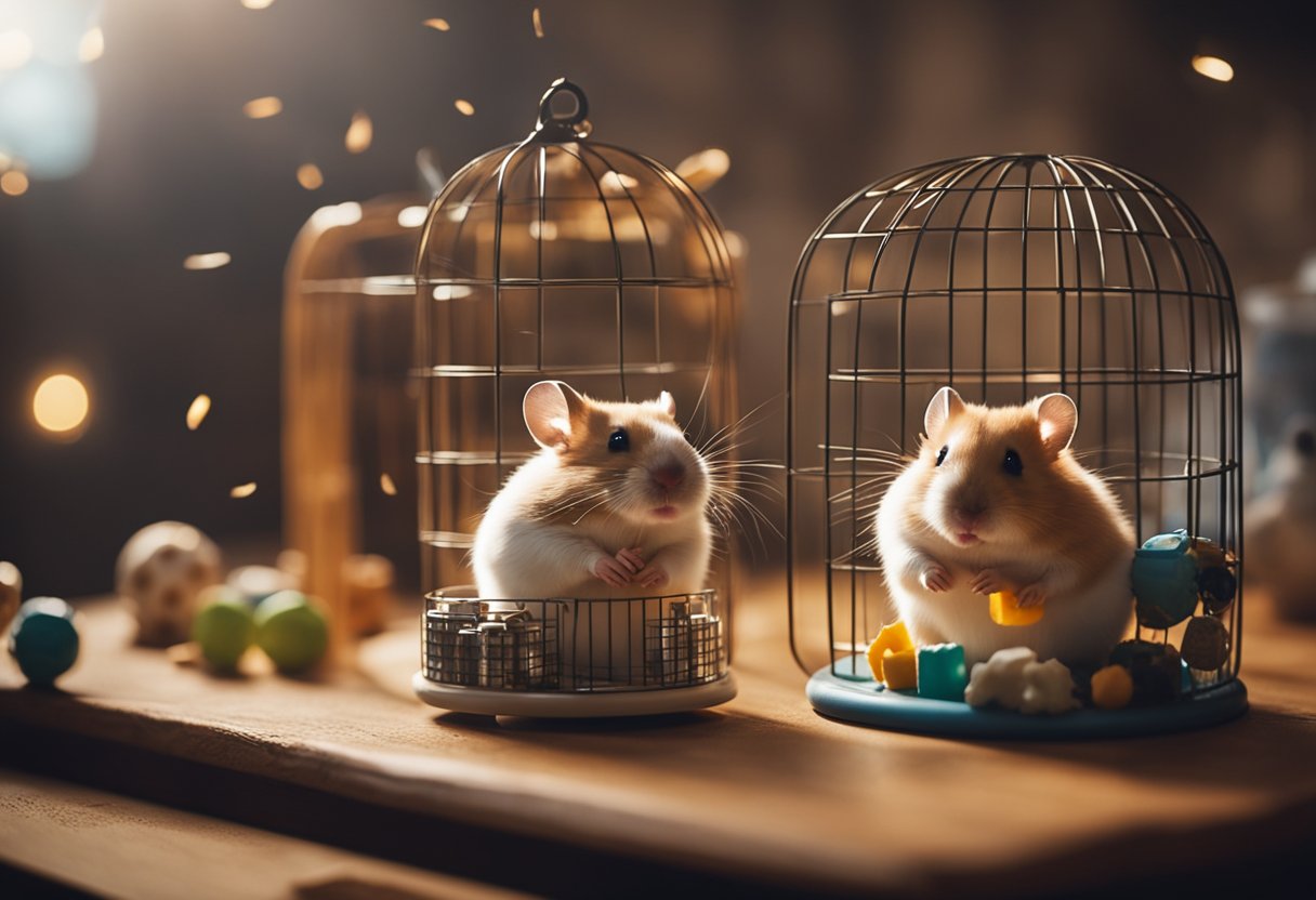 A hamster sits in a cozy cage, surrounded by chew toys and a spinning wheel. The calendar on the wall shows two years passing by