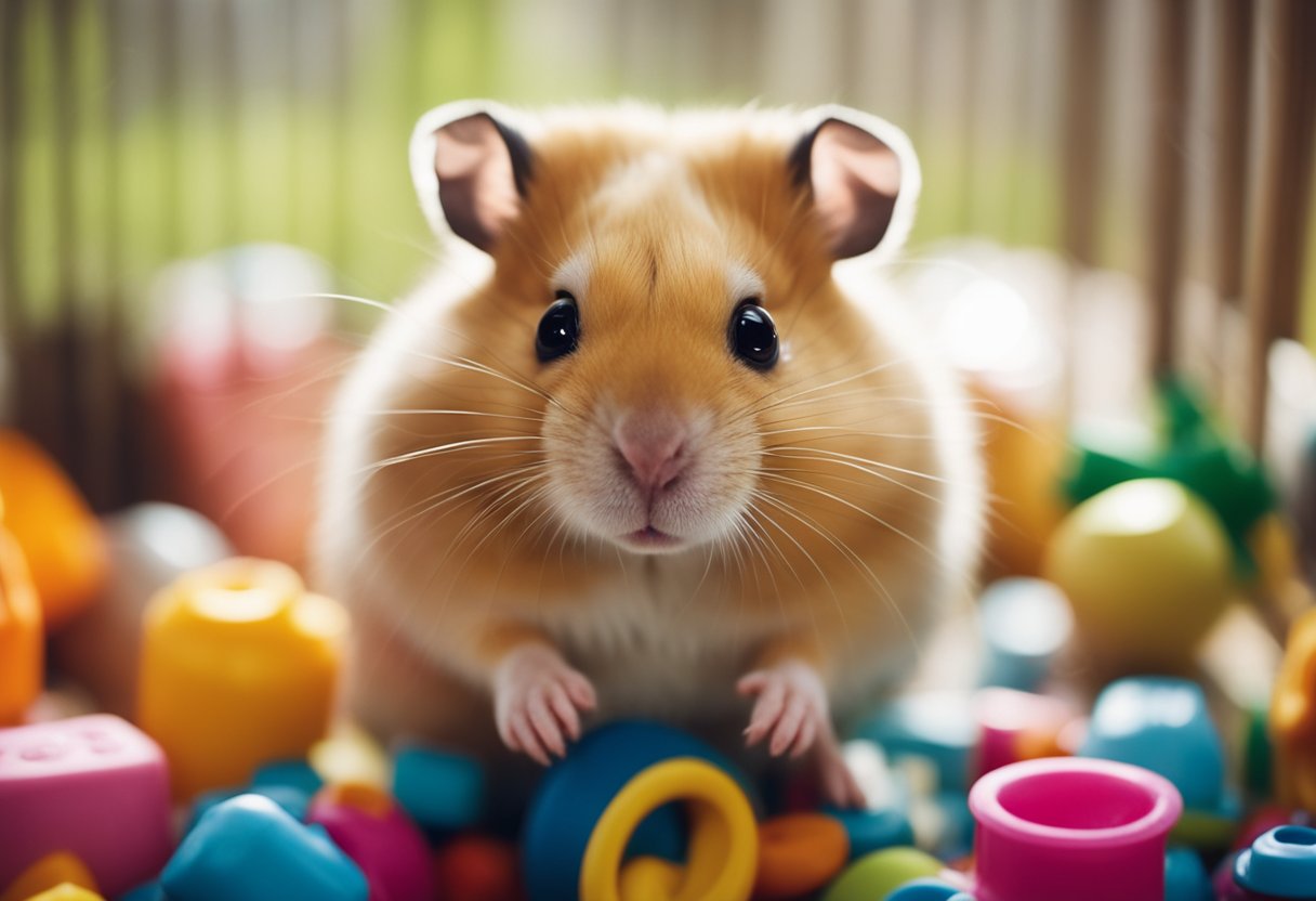 A hamster sits in a cozy cage, surrounded by toys and bedding. Its bright eyes and twitching nose show curiosity and energy, despite its short lifespan