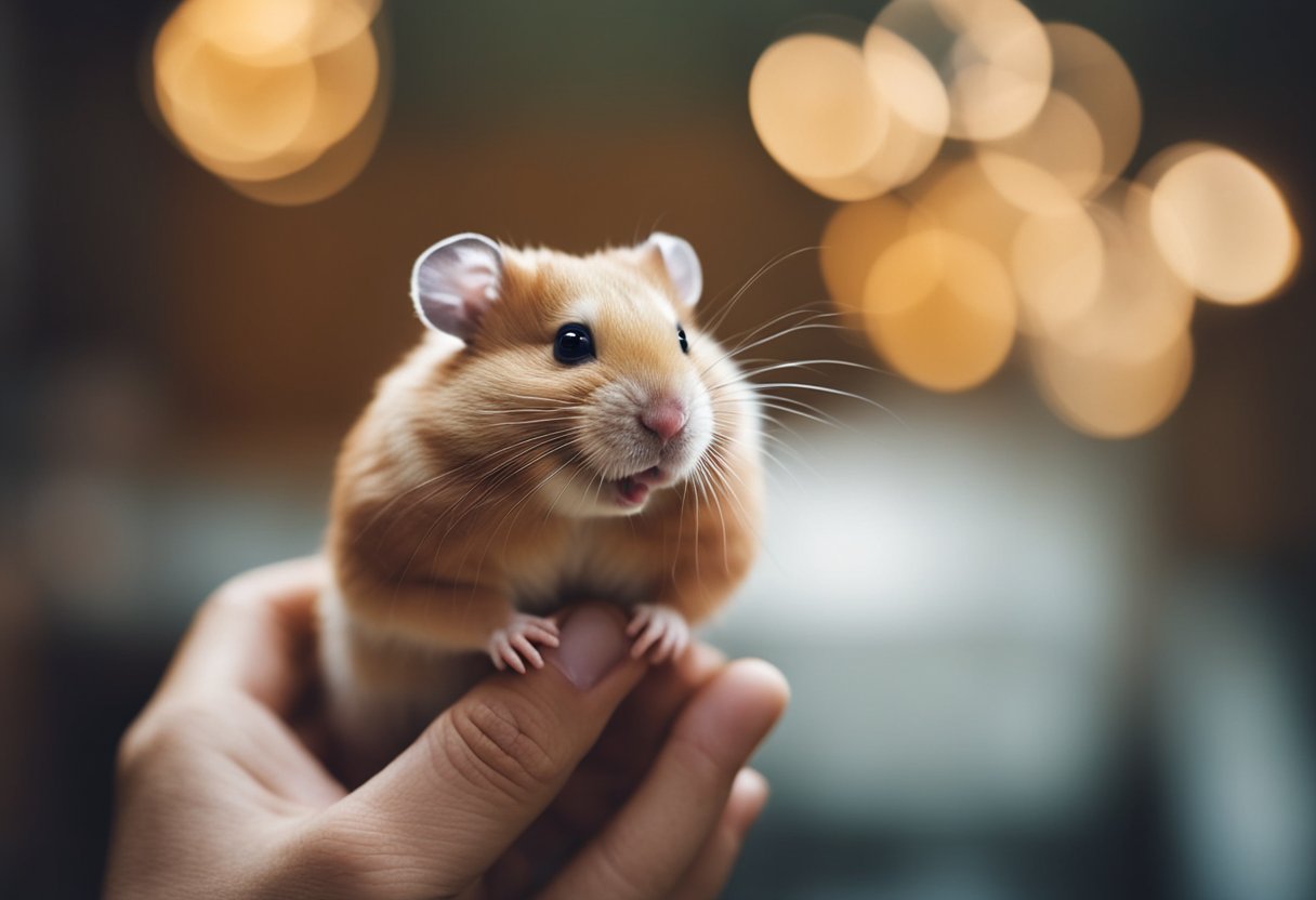 An aging hamster is gently held and fed by its owner