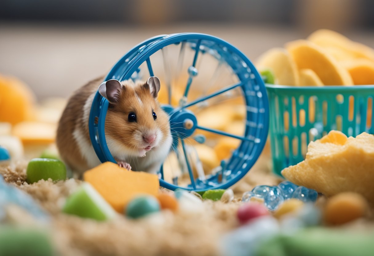 A hamster in a cage with a wheel, bedding, water bottle, and food dish. Calendar with 24 months displayed
