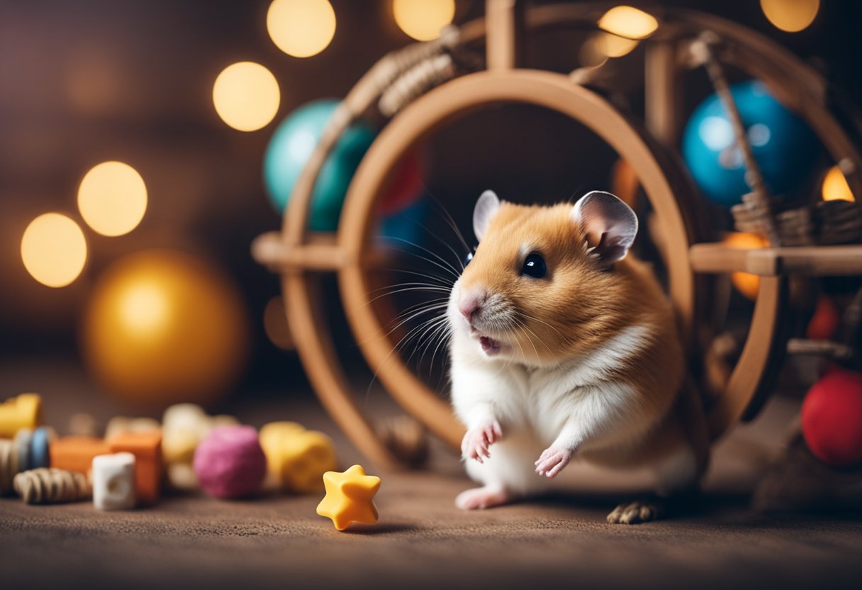 A hamster sits in a cozy cage, surrounded by chew toys and a spinning wheel. A calendar on the wall marks off the passing days, showing two years