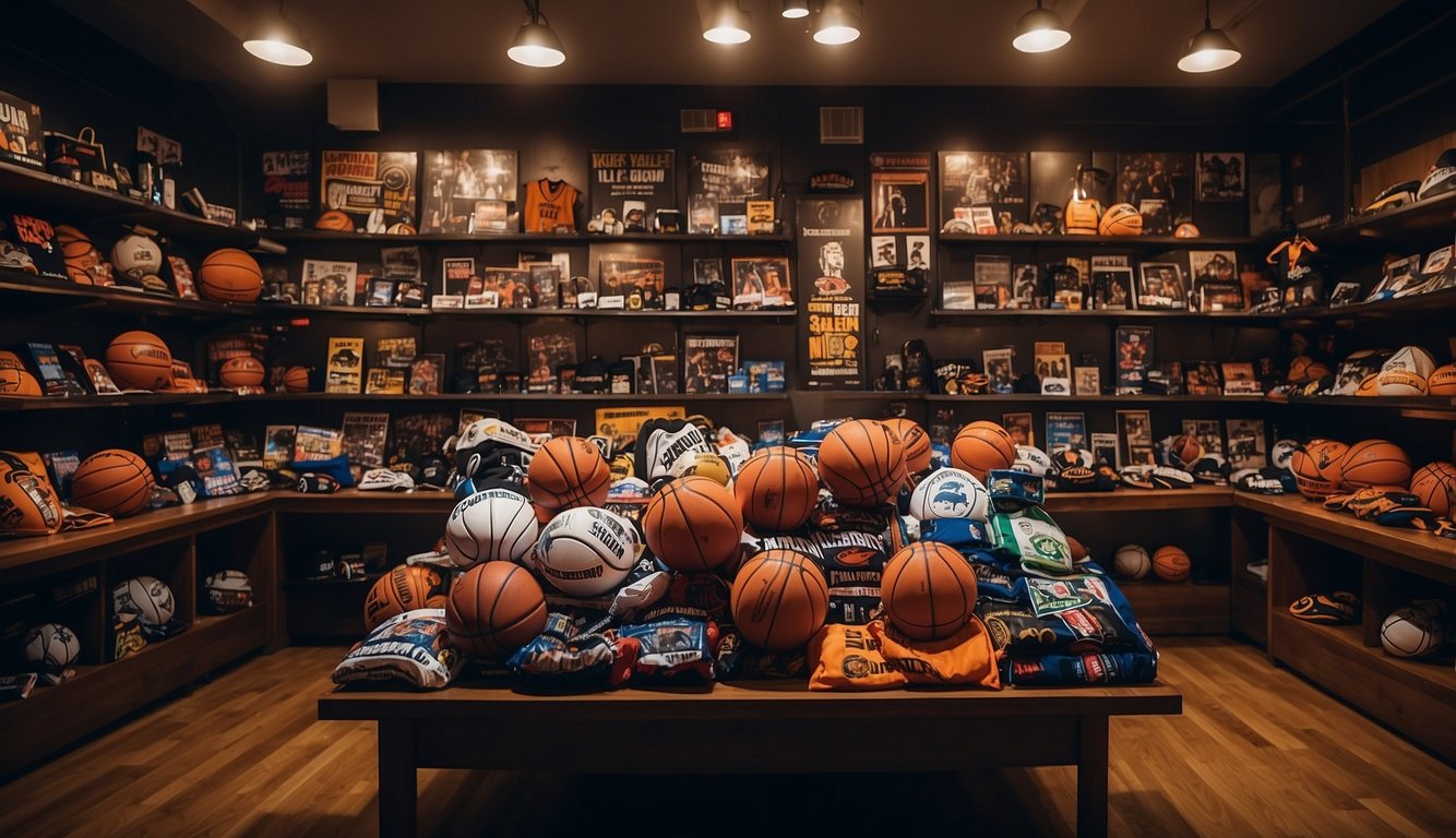 A cluttered table displays basketball-themed merchandise in a dimly lit NYC store. Posters, jerseys, and memorabilia cover the walls, creating a nostalgic atmosphere