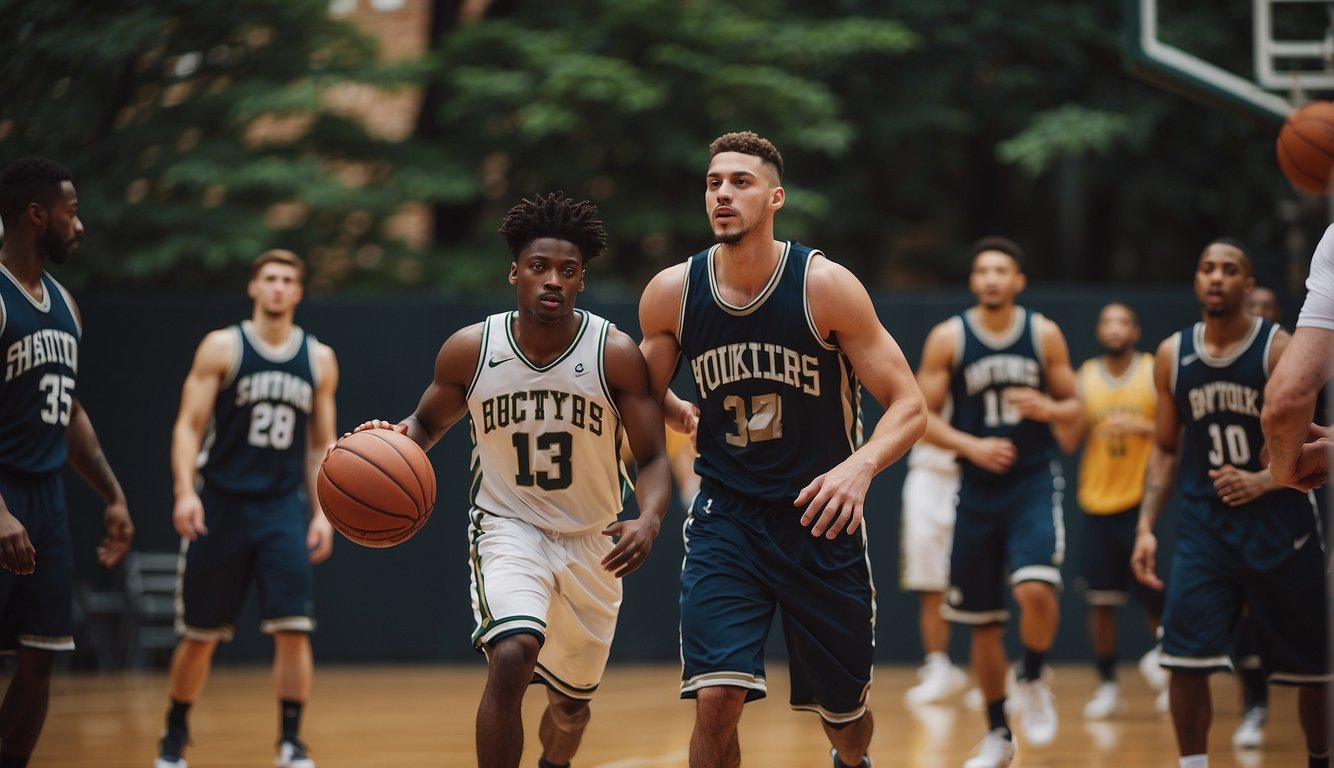 A group of basketball players gather at a local court in NYC, dribbling and shooting hoops, while others cheer and socialize on the sidelines