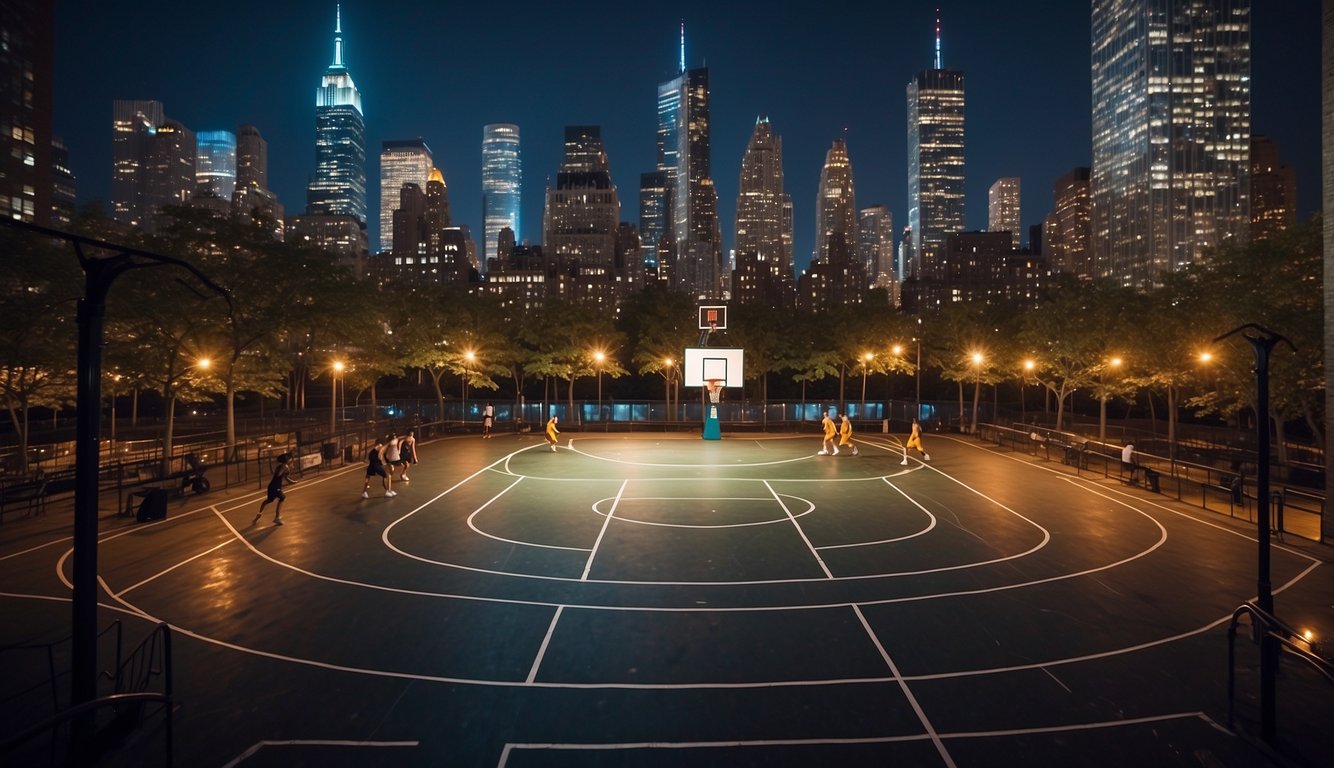 A basketball court in NYC with players in action, surrounded by skyscrapers and city lights