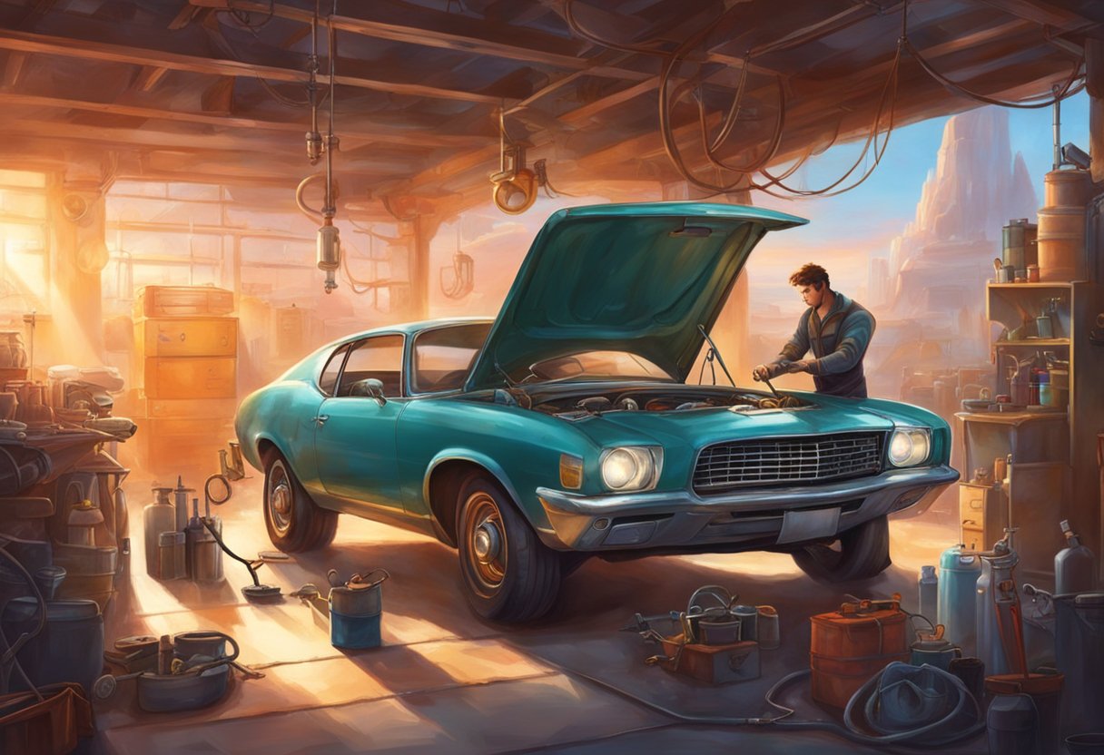 A mechanic performing routine maintenance on a car, checking oil levels and replacing filters. The car is parked in a well-lit garage with tools and equipment neatly organized nearby