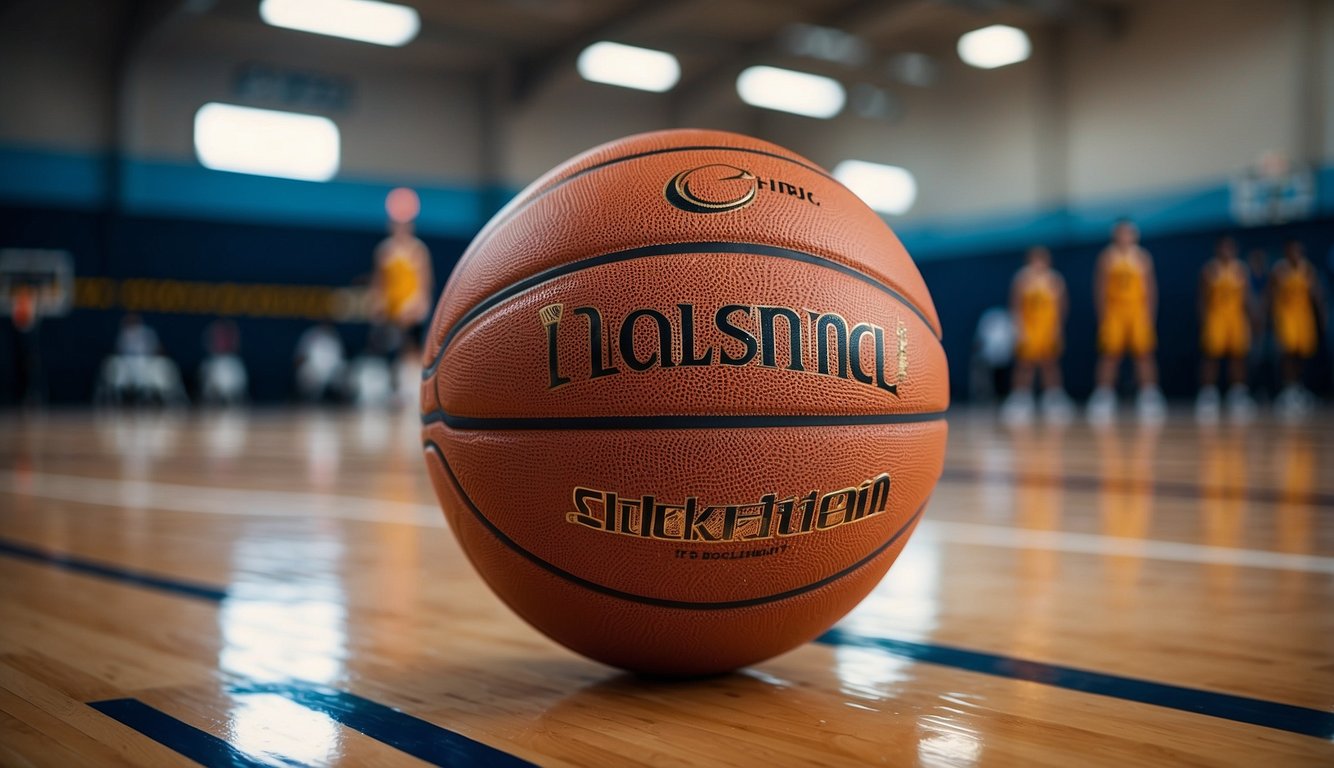 A regulation size basketball sits on a clean, indoor court. Its textured surface and proper inflation reflect high quality