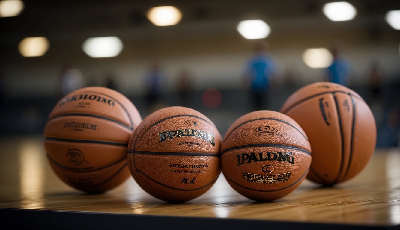 A regulation-size basketball sits next to a smaller, youth-sized basketball. The 12-year-old basketball player stands nearby, comparing the two sizes