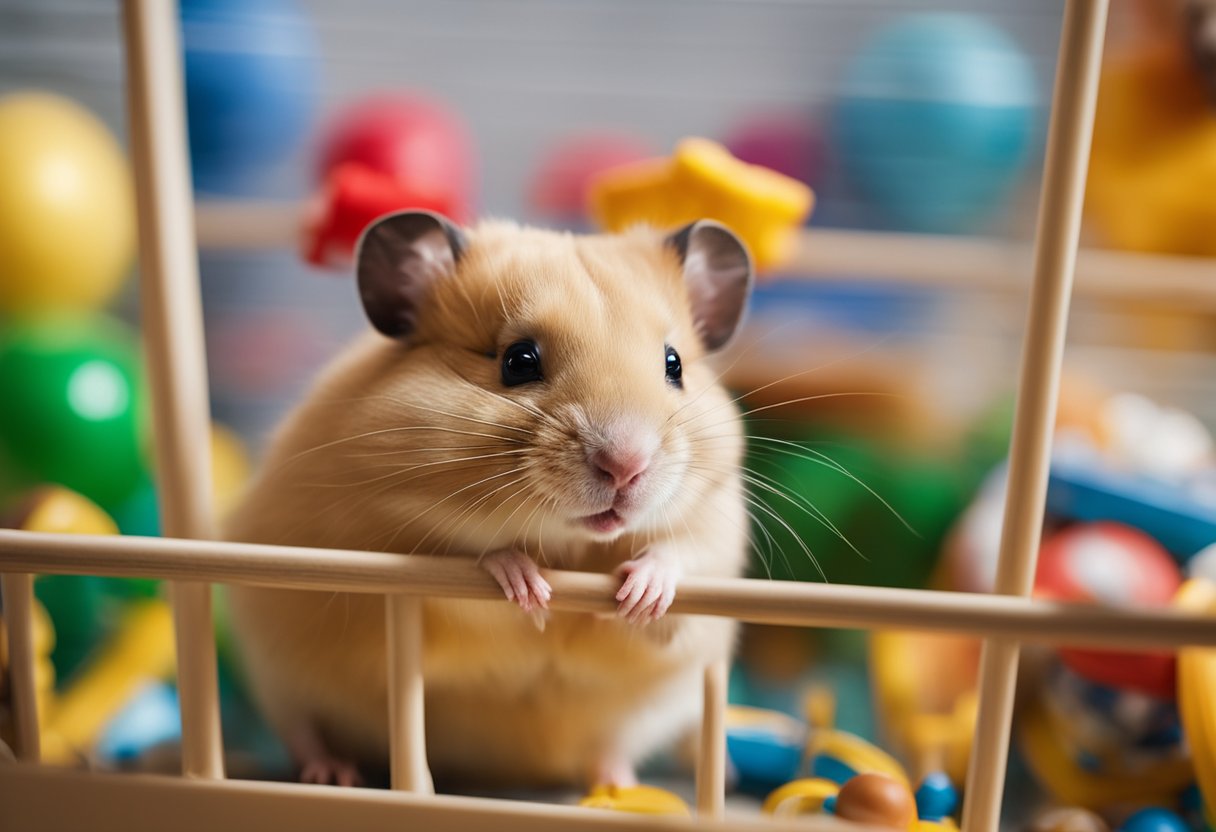 A hamster sits in a cozy cage, surrounded by toys and a wheel. It looks up curiously, as if pondering the question "Why do hamsters only live 2 to 3 years?"