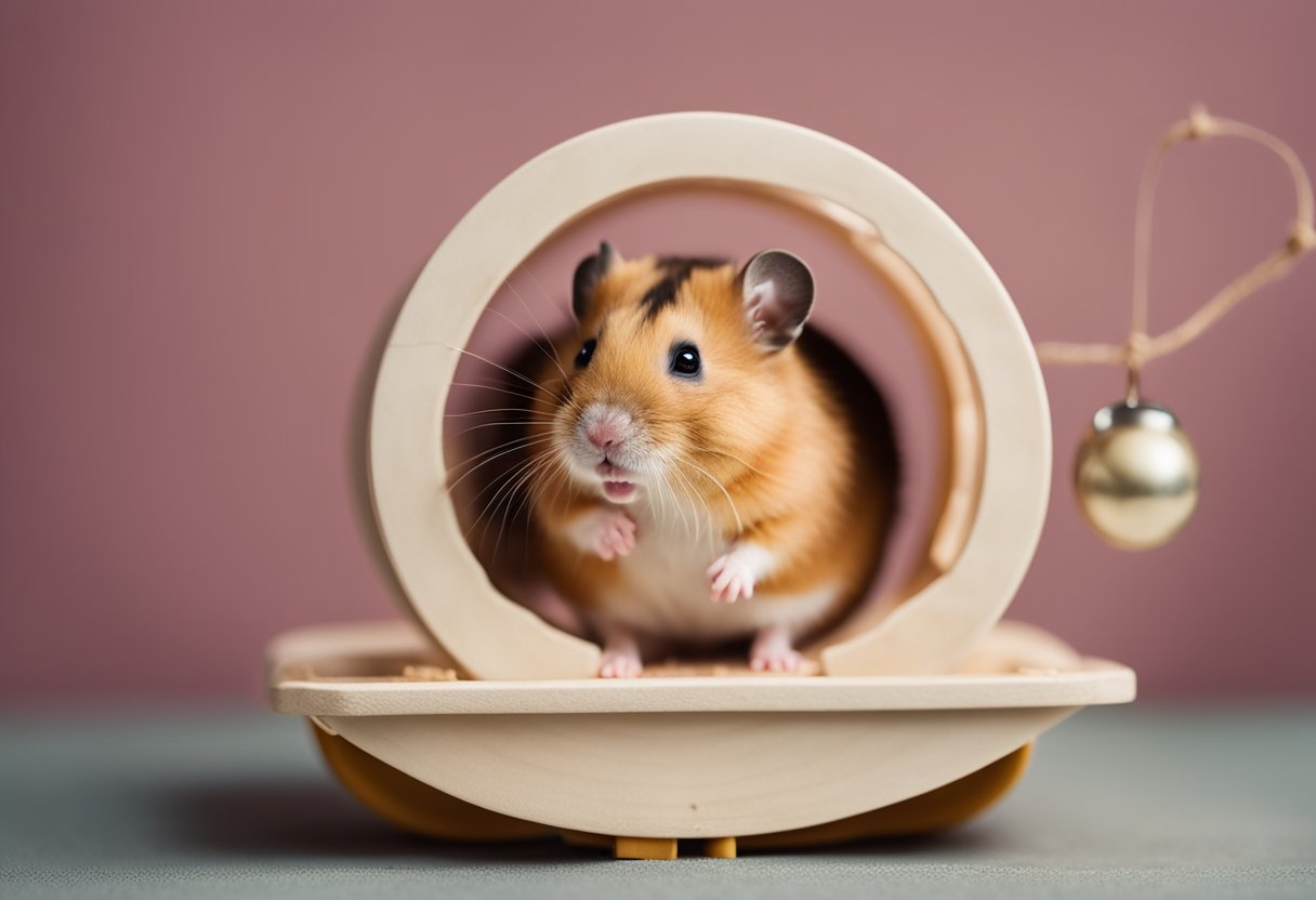 A hamster with a short lifespan, surrounded by a wheel, bedding, and food bowl in a cozy cage