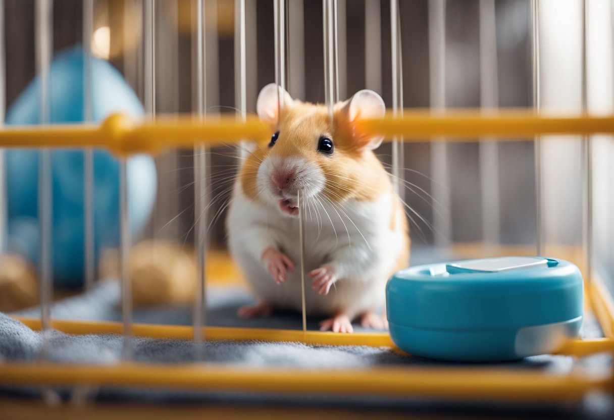 A hamster sitting in a cozy cage with a wheel for exercise, a water bottle, and a food dish. The cage is placed in a quiet and safe environment, with soft bedding and toys for mental stimulation
