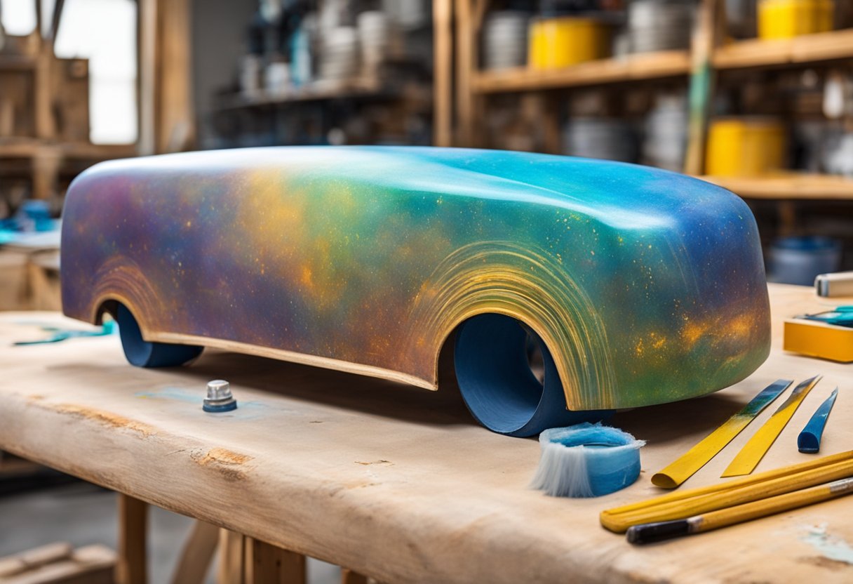 A car bumper with scratches, sandpaper, primer, paint, clear coat, masking tape, and a polishing compound on a workbench