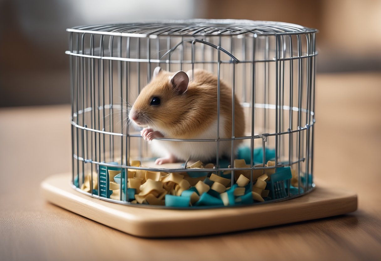 A small cage with a hamster wheel, water bottle, and bedding. A calendar on the wall with a circle around a date 2-3 years from now