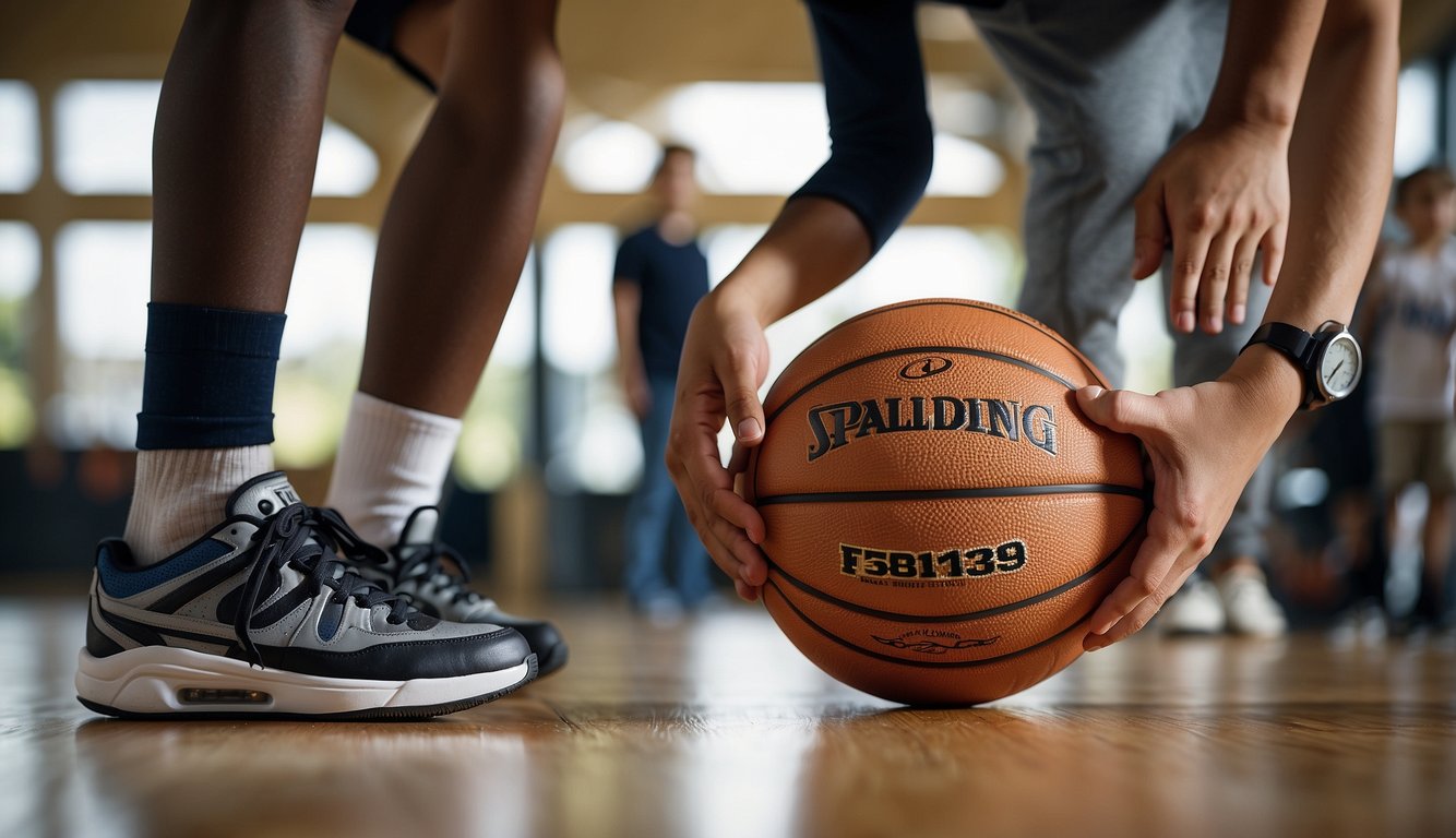 A 12-year-old's hands holding a basketball, next to a measuring tape showing the recommended size. A parent and coach stand nearby, discussing the appropriate ball size