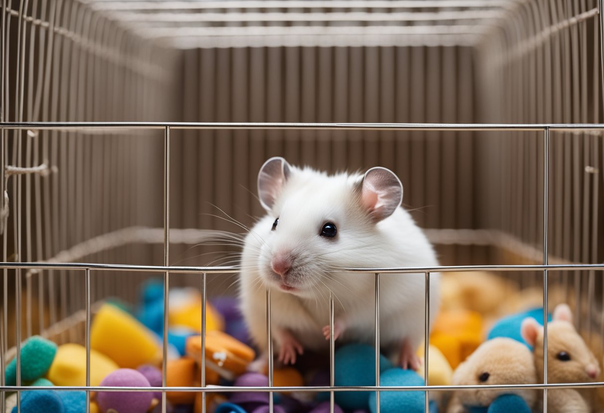 A hamster sits in a cage, surrounded by toys and bedding. A sign reads "Frequently Asked Questions: Why do hamsters only live 2 to 3 years?"