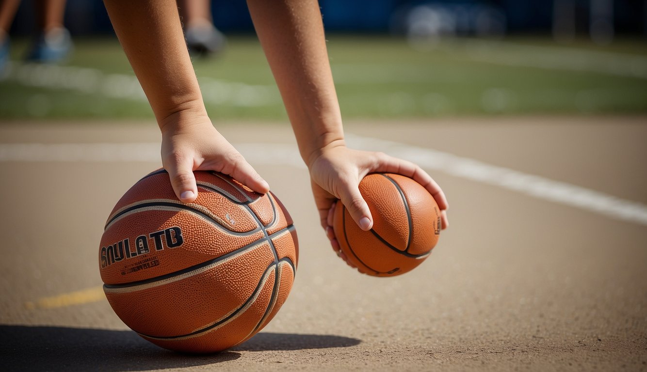 A 12-year-old's hand holding a basketball, measuring its size with a ruler