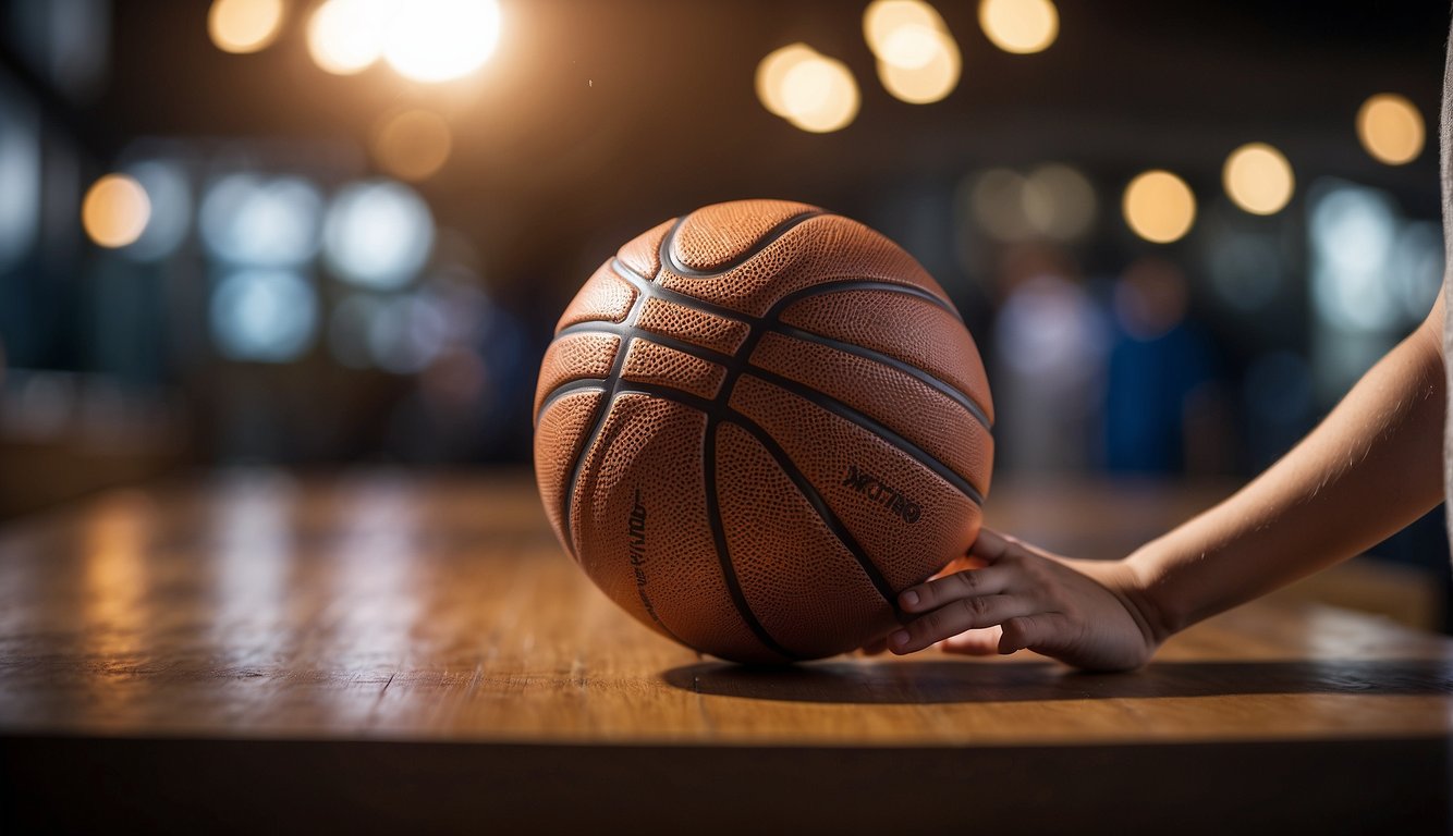 A 10-year-old's hand reaches for a basketball, measuring around 27.5 inches in circumference, suitable for their age and skill level