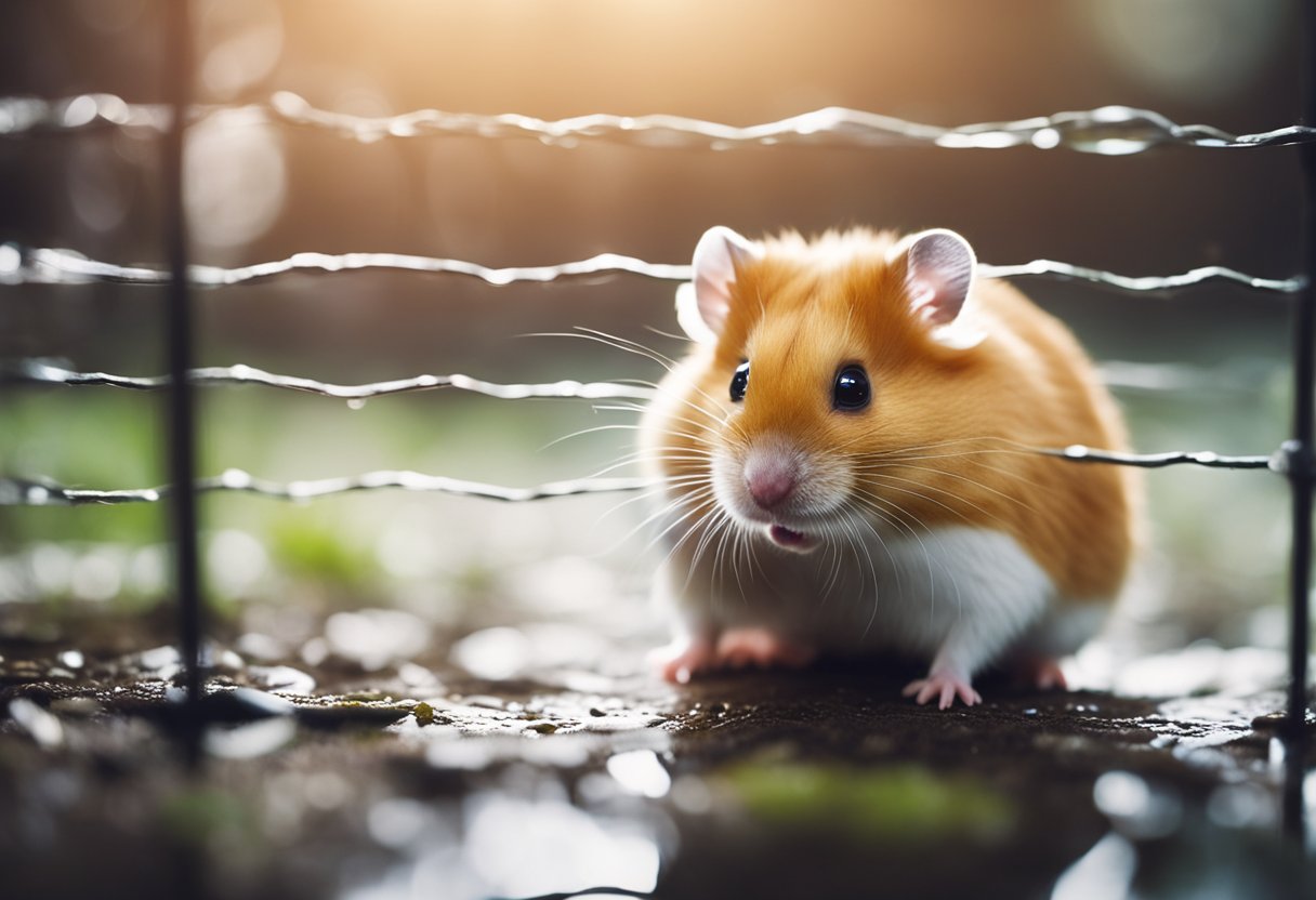 A hamster pees in its cage, creating a small puddle