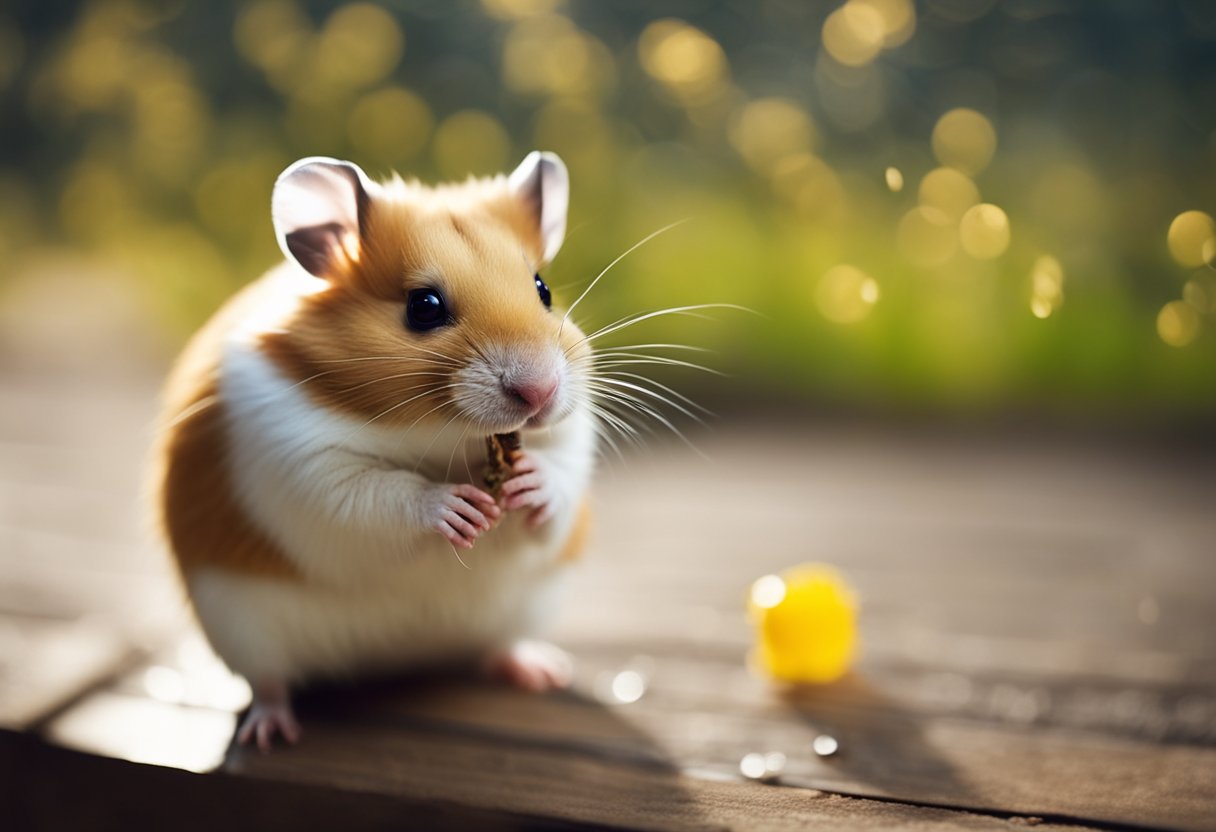 A hamster is urinating in a small cage. The urine appears yellow and is emitting a strong odor