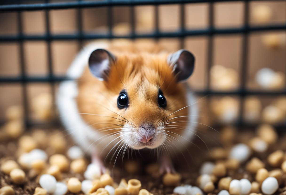 A hamster stands near its cage, surrounded by scattered bedding and a small puddle of urine