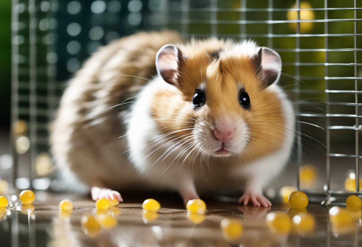 A hamster stands next to a small puddle of urine on the floor of its cage, with a concerned expression on its face