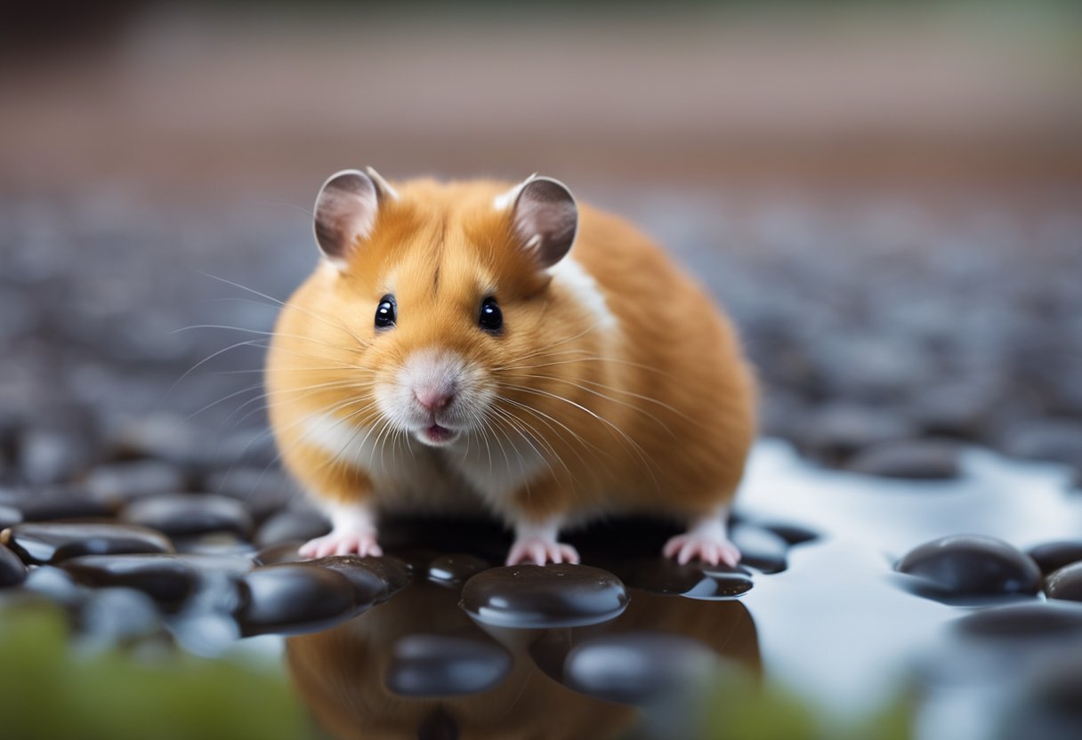 A hamster stands next to a small puddle of urine. A question mark hovers above, as if asking if the pee is toxic