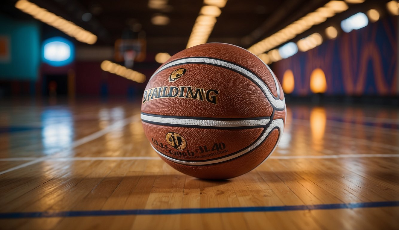 A 10-year-old's basketball, 27.5 inches in circumference, sits on a wooden court with colorful lines and hoops in the background