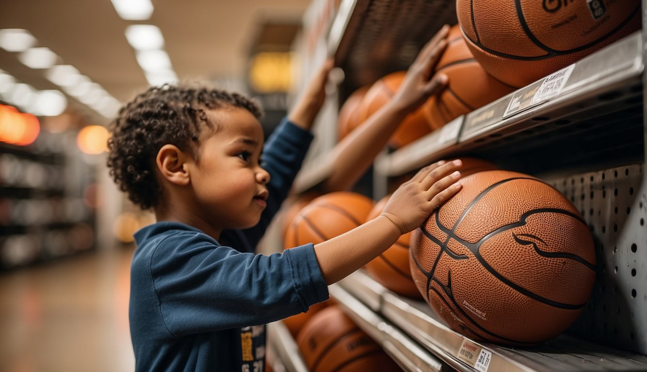 A hand reaches for a basketball on a store shelf, comparing sizes for a 10-year-old. Outdoor setting with bright lighting