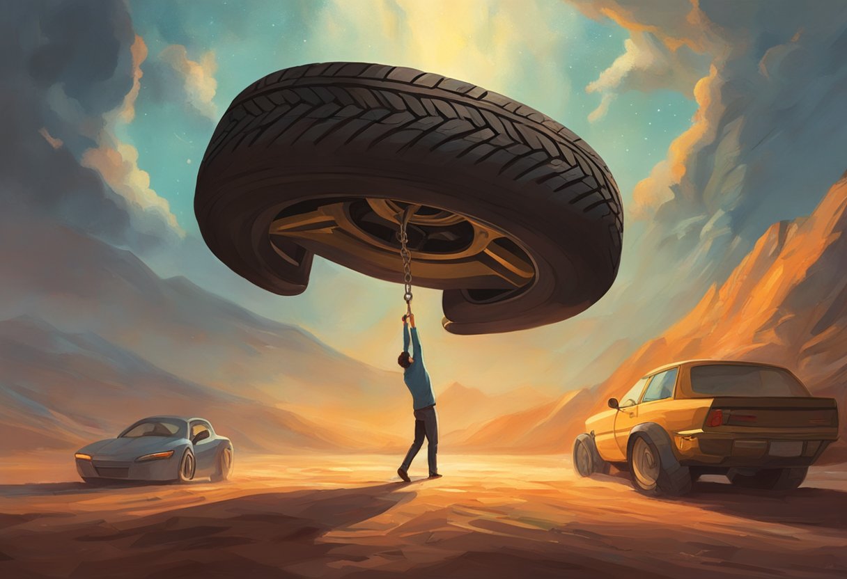 A tire being lifted off the ground with a jack, while a person uses a wrench to loosen the lug nuts