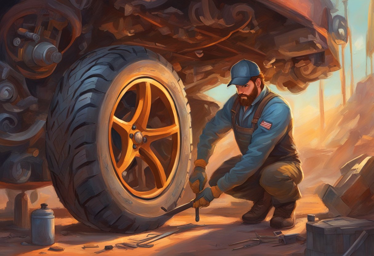 A mechanic carefully inspects a stuck tire, using various tools to remove it from the vehicle