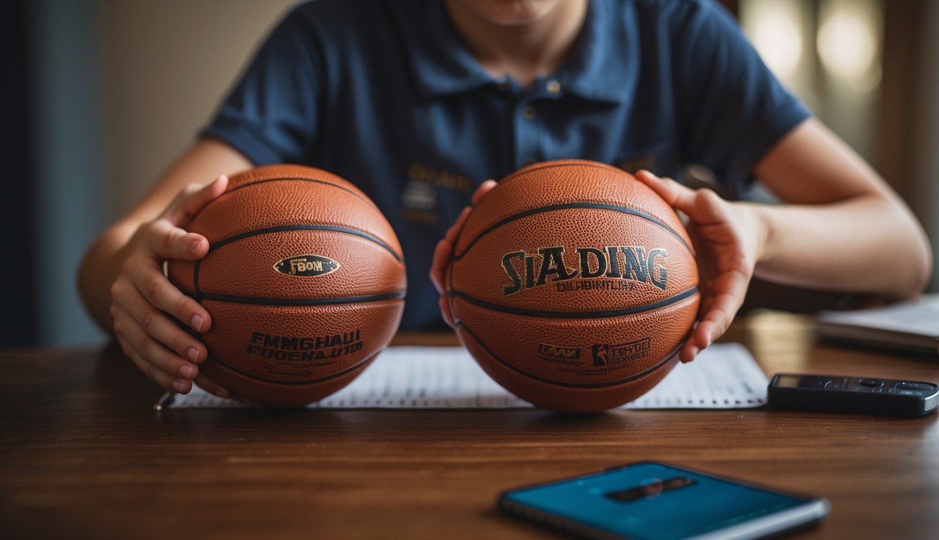 A 10-year-old's hands holding a basketball, measuring its size with a ruler. A FAQ list in the background