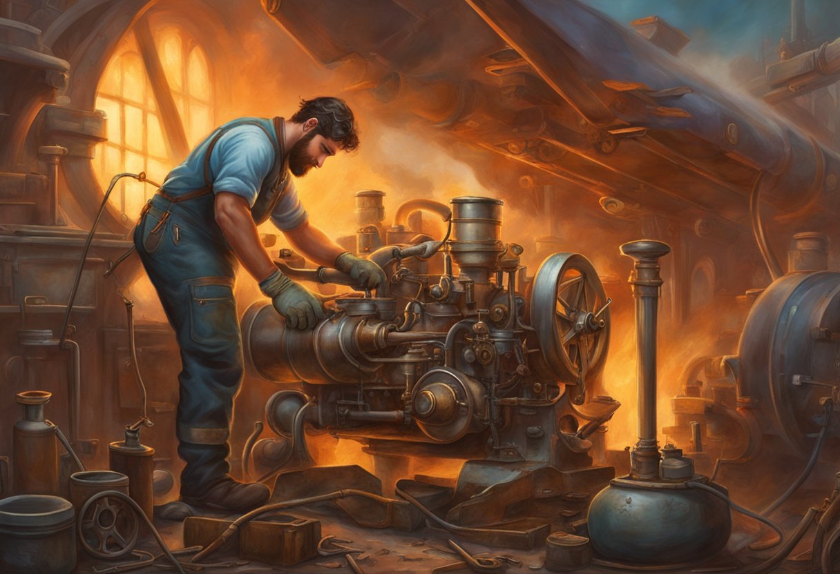 A mechanic removes burnt valves from an engine, using specialized tools and equipment. Smoke rises from the engine as the mechanic works diligently to repair the damage