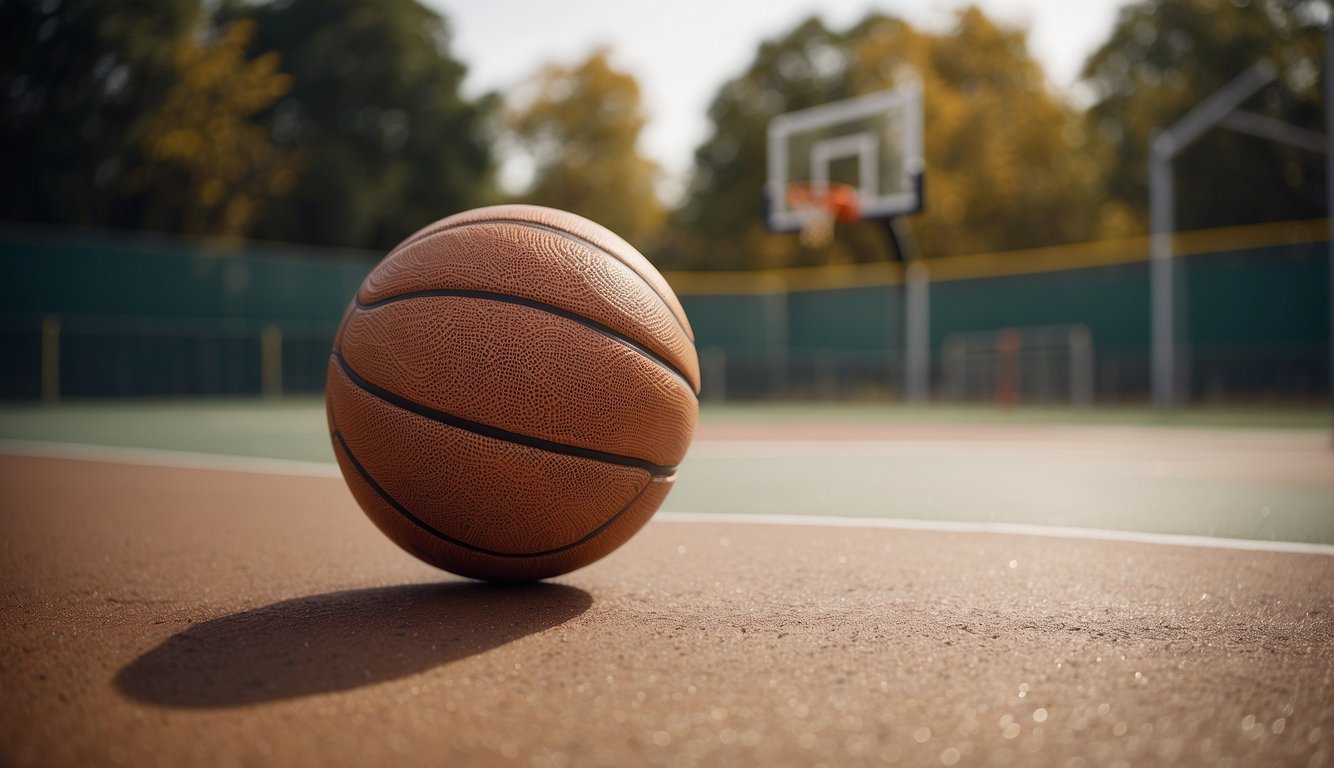 A basketball, sized for a 12-year-old, bounces on a court