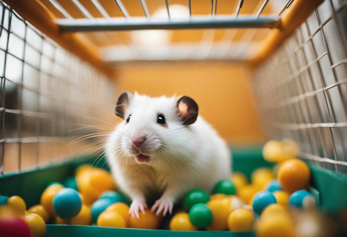 A hamster sits in a spacious, stimulating cage with plenty of toys and hiding spots. A wheel provides exercise, and a cozy nest offers comfort