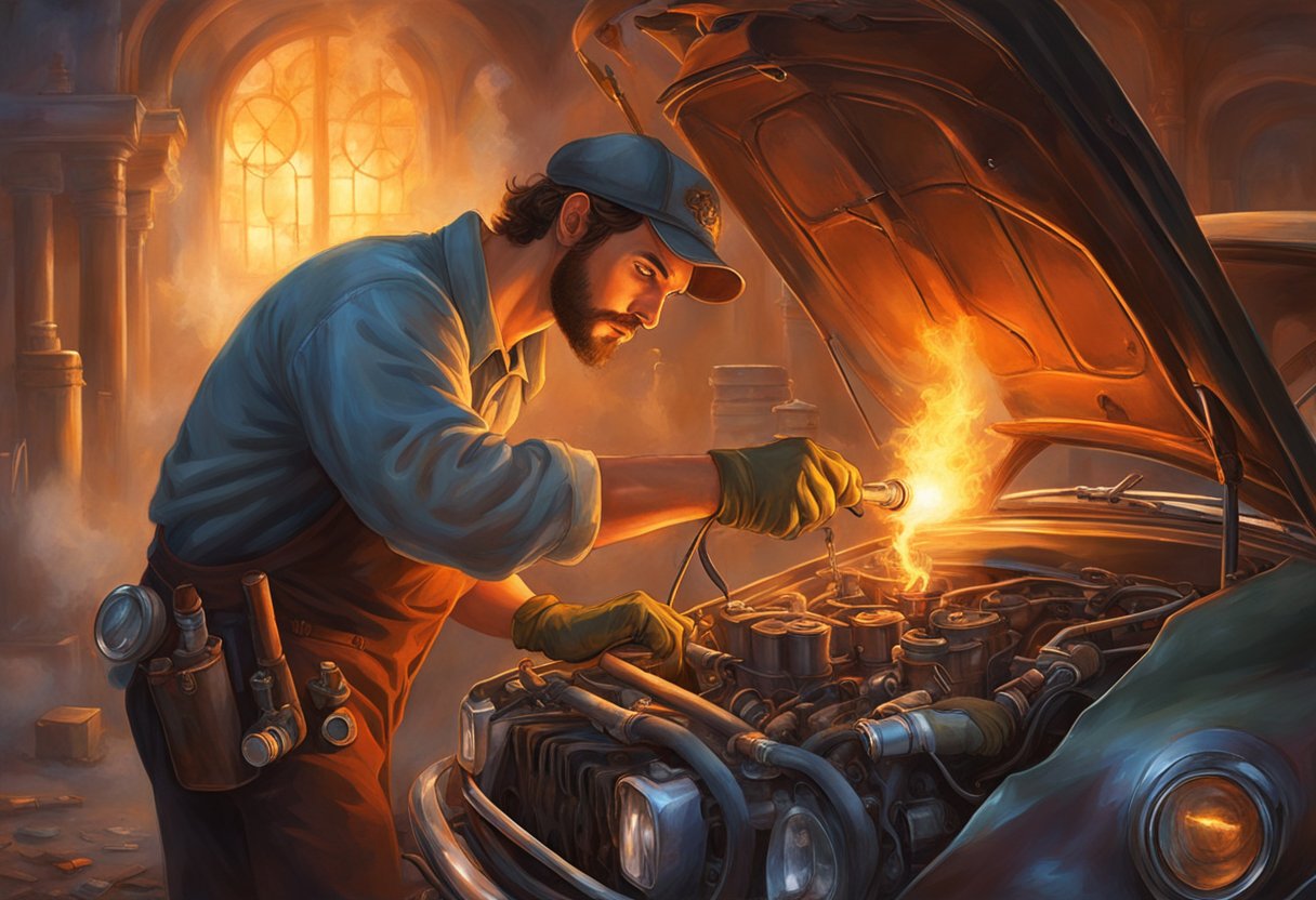 A mechanic examines a car engine with a burnt valve, using a flashlight and diagnostic tools. Smoke and a faint smell of burning emanate from the engine