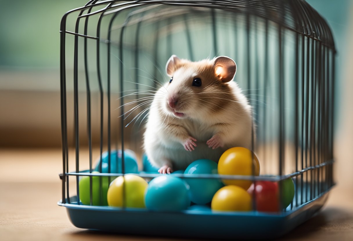 A solitary hamster sits in a cage, looking out with longing eyes. Surrounding it are empty toys and a wheel, highlighting its potential loneliness