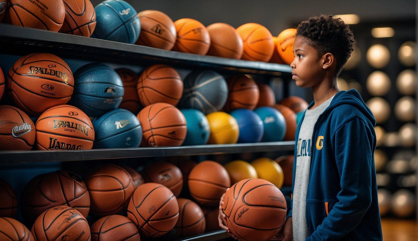 A 12-year-old stands in front of a rack of basketballs, carefully selecting the right size. Different balls are displayed on shelves, with various sizes and colors to choose from