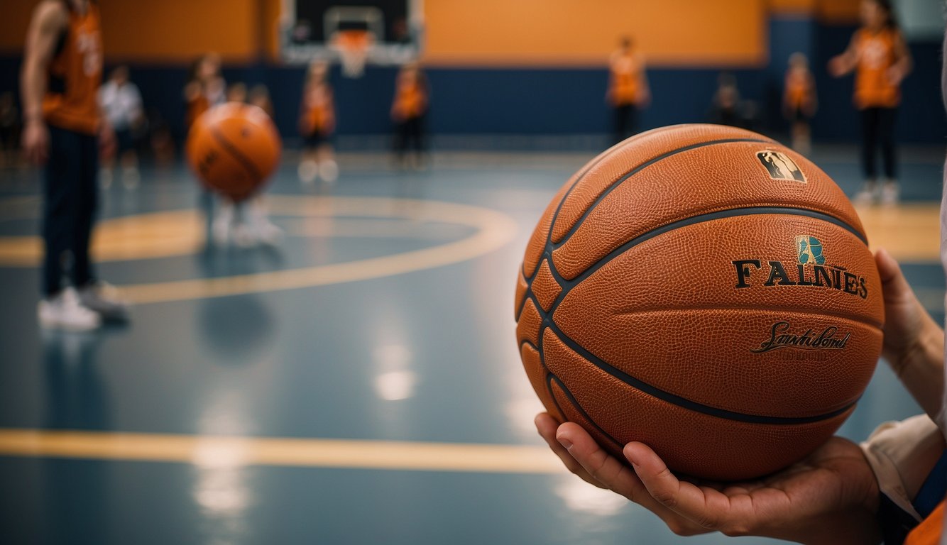 A 12-year-old's hands grip a regulation-size basketball, ready to shoot or dribble on the court. The ball's bright orange color stands out against the backdrop of the basketball court